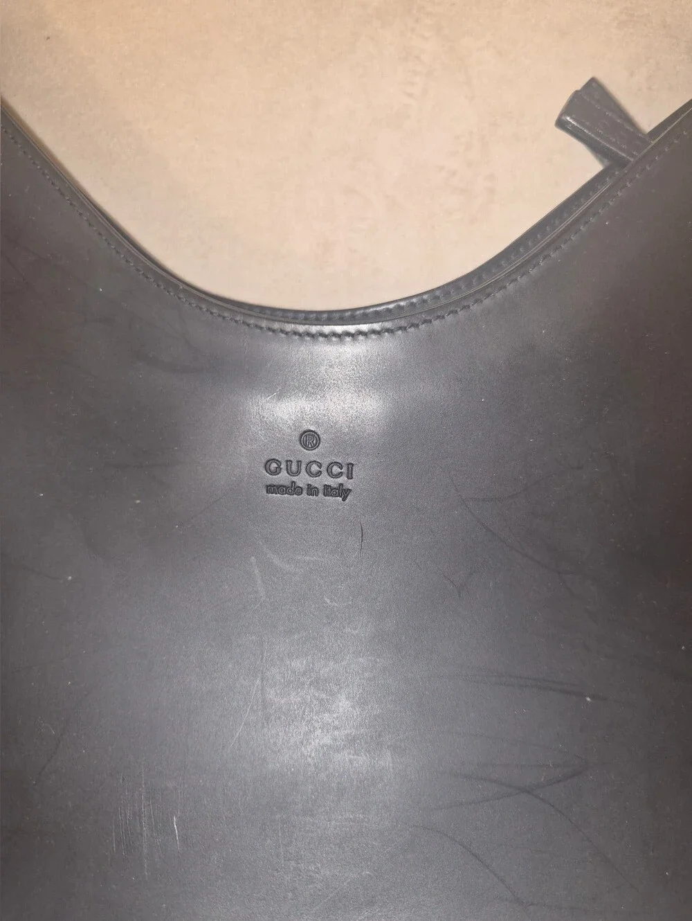 VINTAGE - Gucci Black Leather Shoulder Hobo Bag with Silver Metal Accent